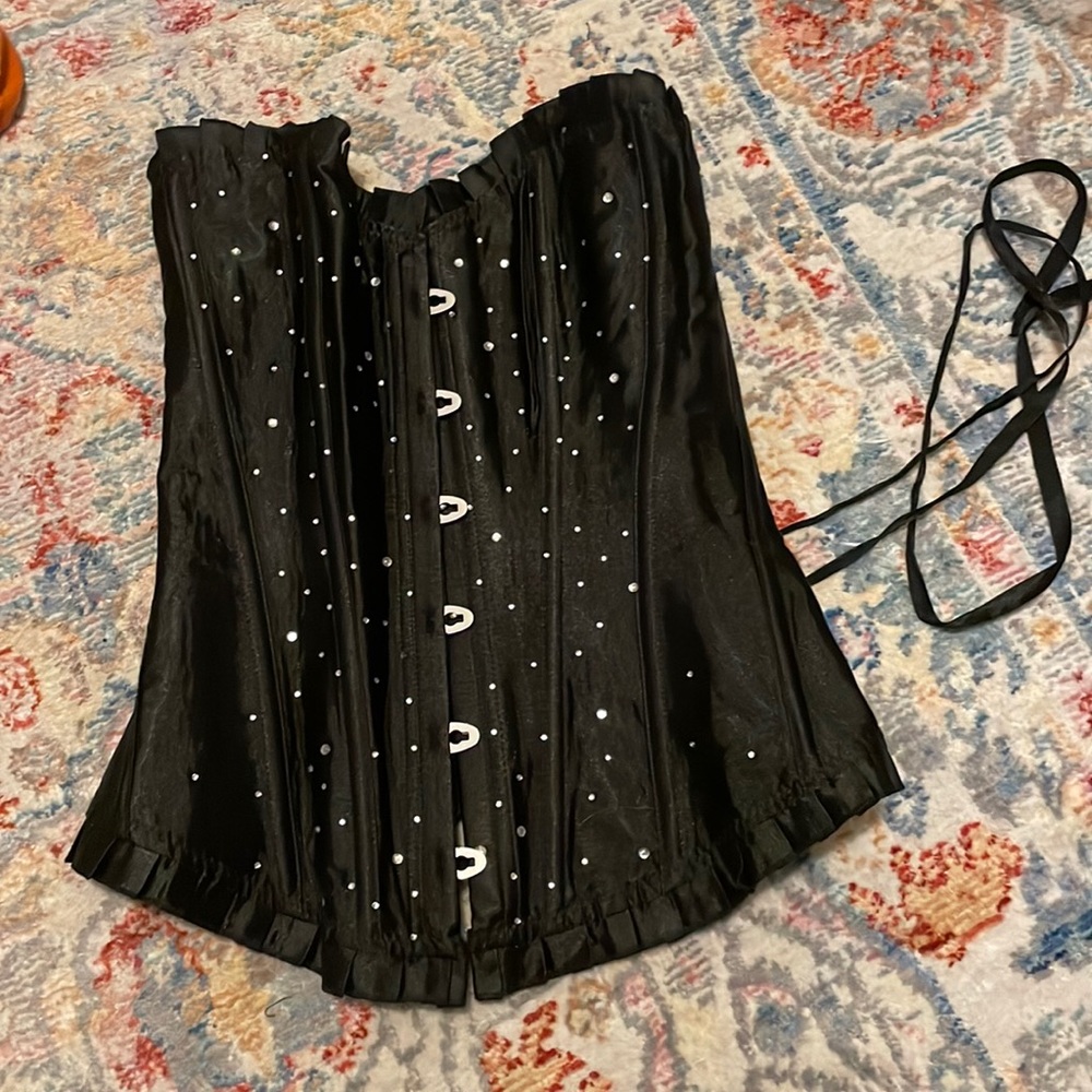XS boned black satin corset lace up with rhinestones